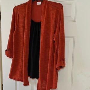 Kim Rogers Vibrant Orange Open-Front Cardigan with attached black scoop neck top